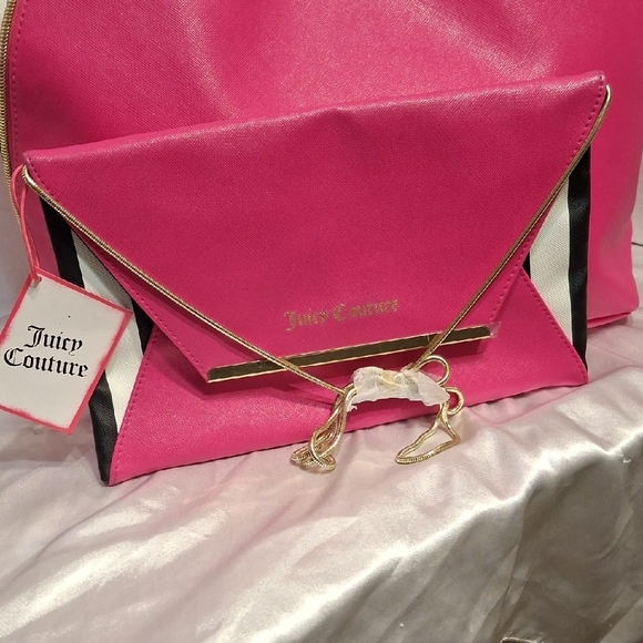 Juicy Couture Vibrant Pink Clutch/Crossbody & Tote Set Black and White Stripes - Picture 3 of 14